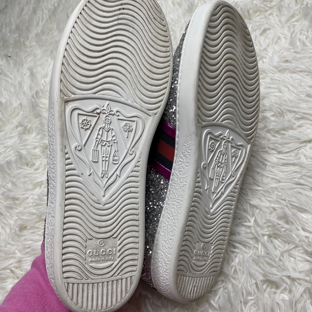 Gucci Silver Glitter Sneakers with Pink and Black Web - Picture 3 of 11